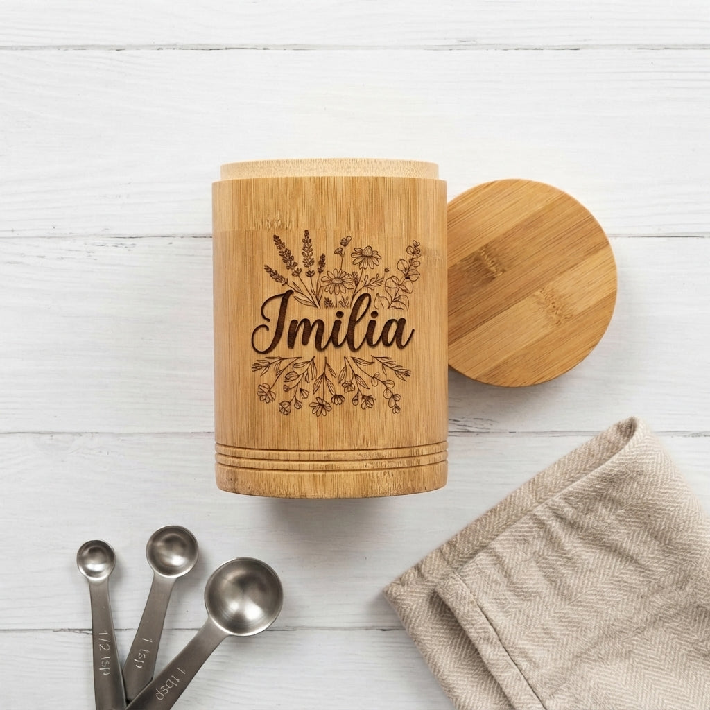 Personalized Bamboo Tea Canister Coffee Bean Storage Jar Housewarming Gift Custom Engraved