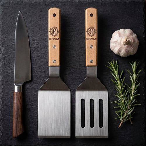 Personalized Stainless Steel Spatula Set Wooden Handle Gift for Dad Custom Engraved