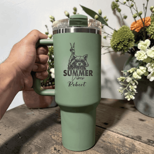 Personalized Summer Vibes Raccoon 40oz Tumbler | Custom Engraved Stanley Quencher | Funny Summer Gift