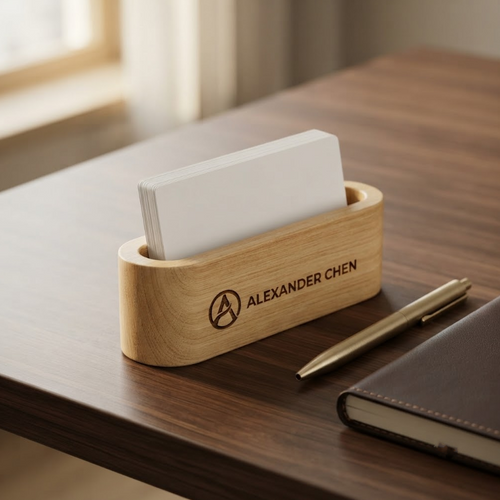 Personalized Business Card Holder Minimalist Wood Desk Stand Corporate Gift Custom Engraved