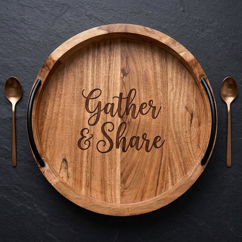 Personalized Acacia Wood Serving Tray Round with Handles Housewarming Gift Custom Engraved