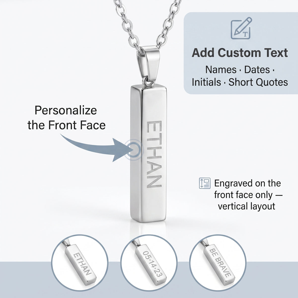Personalized Bar Pendant Necklace Stainless Steel Rectangle Keepsake Custom Engraved