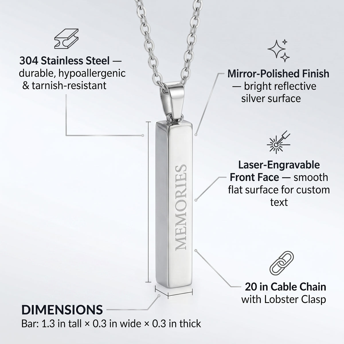 Personalized Bar Pendant Necklace Stainless Steel Rectangle Keepsake Custom Engraved
