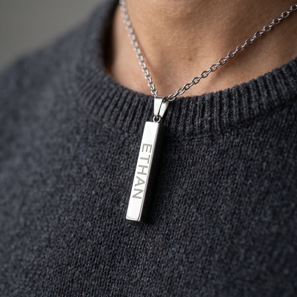Personalized Bar Pendant Necklace Stainless Steel Rectangle Keepsake Custom Engraved