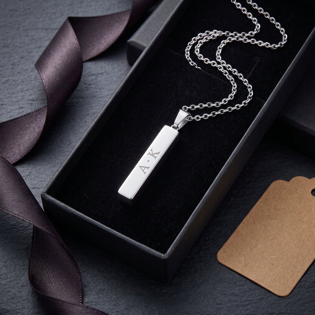 Personalized Bar Pendant Necklace Stainless Steel Rectangle Keepsake Custom Engraved