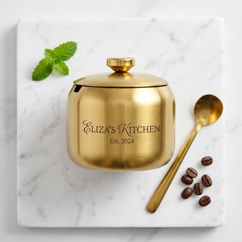 Personalized Sugar Bowl with Lid and Spoon Gold Stainless Steel Housewarming Gift Custom Engraved