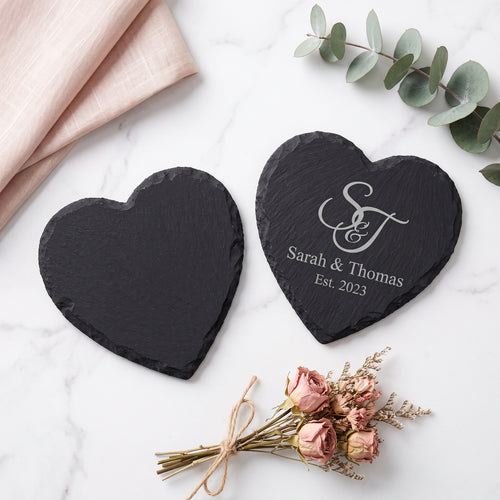 Personalized Slate Coasters Heart Shape Stone Drink Coasters Wedding Gift Custom Engraved Pack of 2
