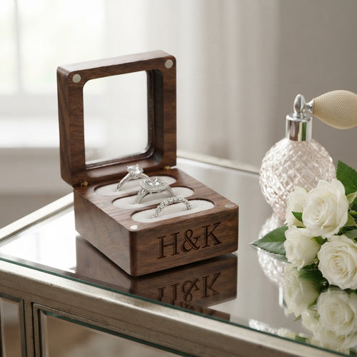 Personalized Wedding Ring Box 3 Slot Walnut Wood Ring Bearer Holder for Proposal and Engagement Custom Engraved