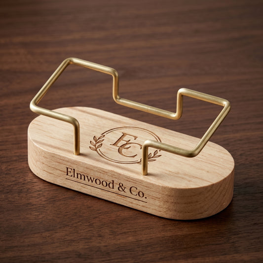 Personalized Business Card Holder Wood and Brass Desk Stand Corporate Gift Custom Engraved