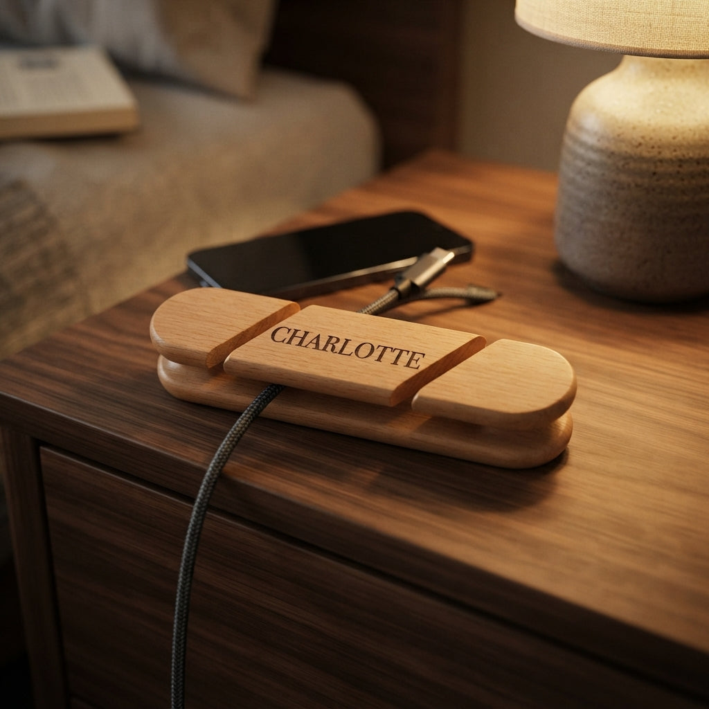 Personalized Cable Organizer Wooden Cord Holder Beech Wood Fathers Day Gift Custom Engraved