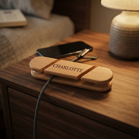 Personalized Cable Organizer Wooden Cord Holder Beech Wood Fathers Day Gift Custom Engraved