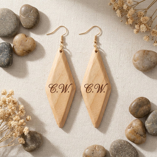 Personalized Wooden Dangle Earrings Boho Drop Style Gift for Her Custom Engraved