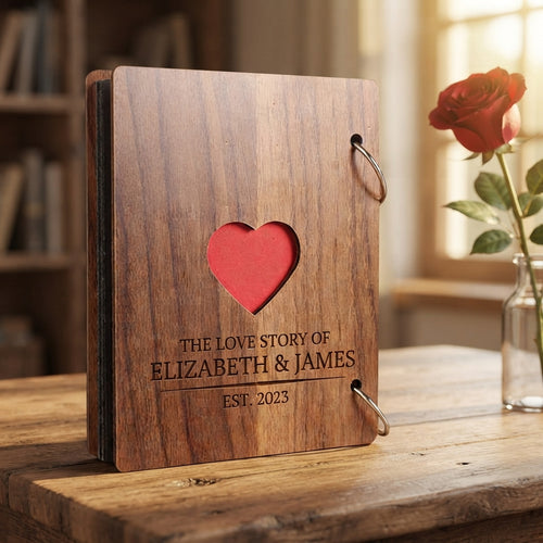 Personalized Scrapbook Album Wooden Photo Memory Book with Heart Cover Gift for Boyfriend Custom Engraved