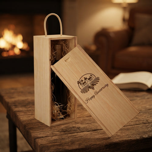 Personalized Wooden Wine Box with Sliding Lid and Handle Single Bottle Wedding Gift Custom Engraved