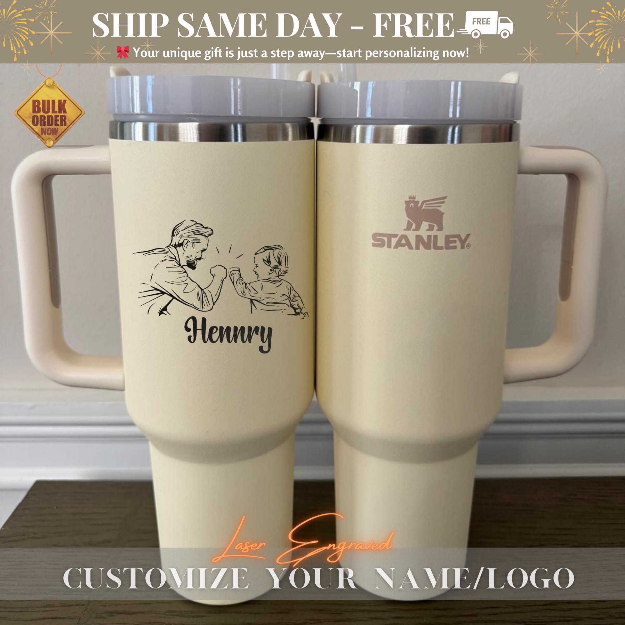 Dad Fist Bump Kids Names Tumbler, Father's Day Gift for Daddy, Tumbler Laser Engraved 40oz Stainless Steel Cup, Personalised Tumbler for Dad