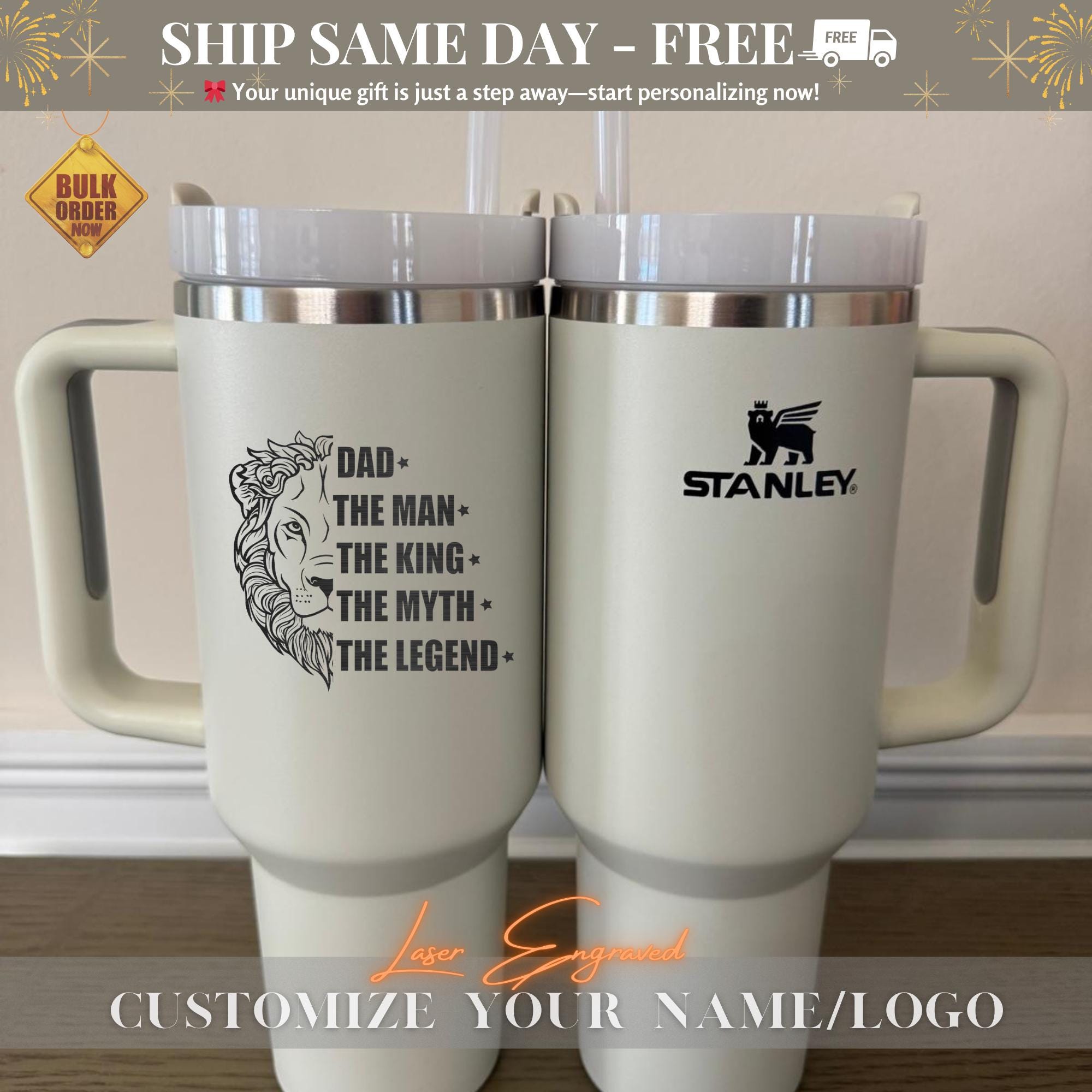 Personalized Stanley 40oz Tumbler for Dad - Man Myth Legend - Engraved Insulated Travel Mug - Custom Father’s Day Gift - Reusable Trendy Cup