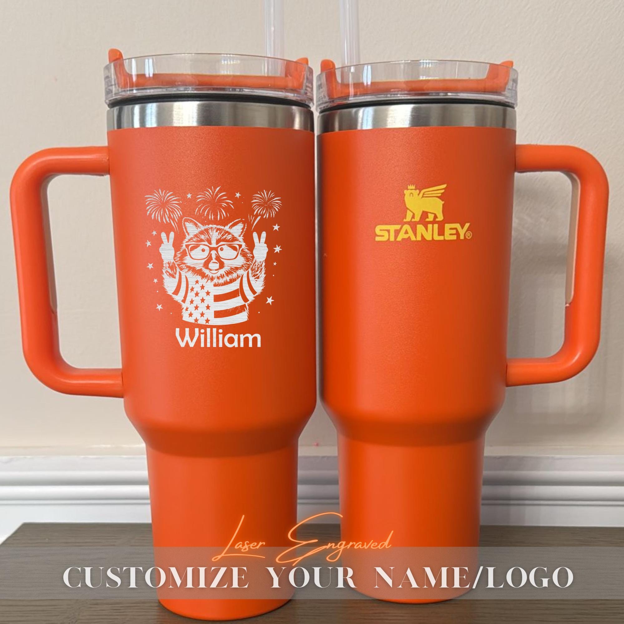 Stanley 40oz Tumbler with Patriotic Highland Cow – Custom Name Fourth of July Cup – Personalized Country Western Gift