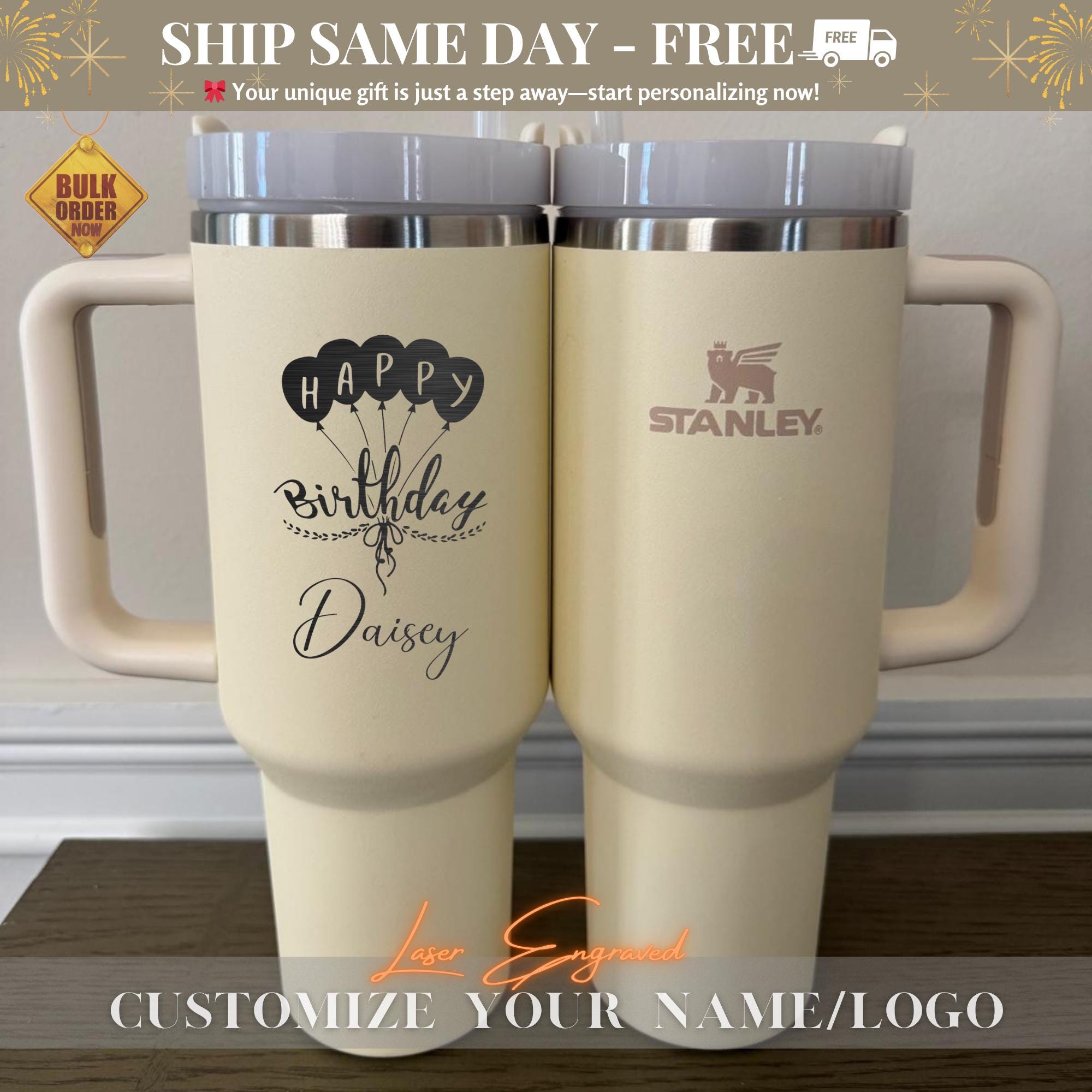 Happy Birthday Personalized Stanley 40oz Tumbler, Custom Engraved Tumblers, Bridesmaid Proposal Gift, Gifts for Her, Insulated Travel Mug