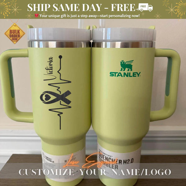 Personalized Stanley Tumbler Cup - Custom Laser Engraved Name - Breast Cancer Awareness Gift - Ribbon Design - Unique & Thoughtful Gift Idea