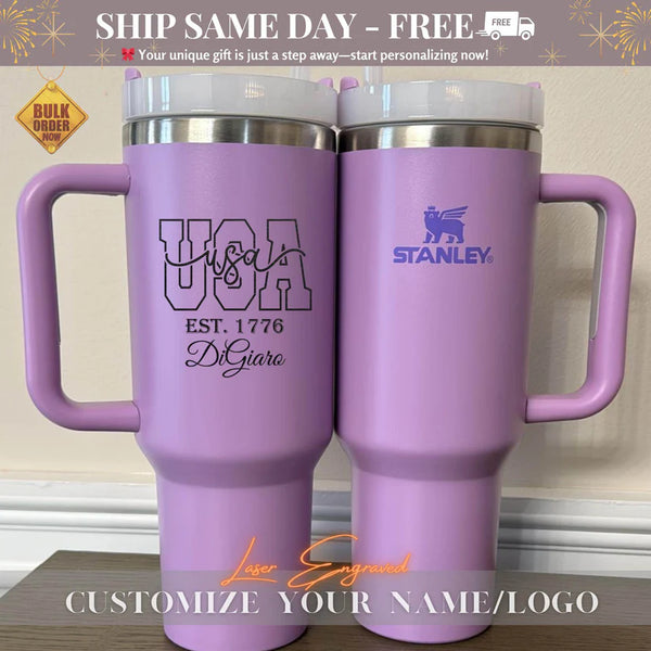 Custom Engraved Stanley 40oz Tumbler – Patriotic USA Flag Travel Cup | 4th of July Gift | Independence Day Mug | Personalized Drinkware