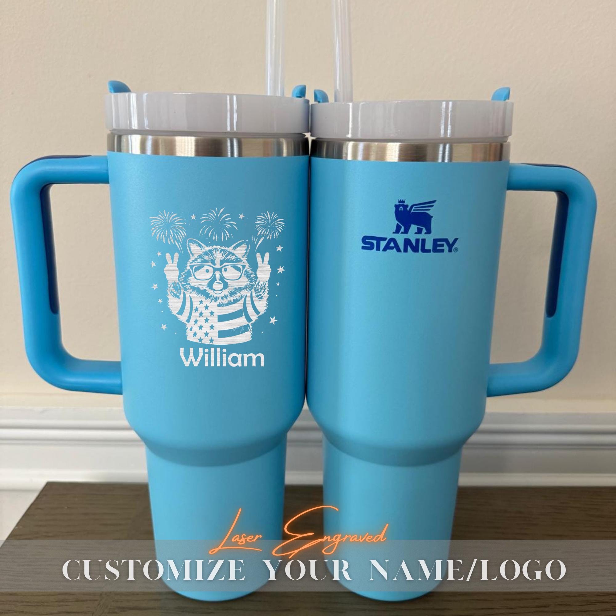 Stanley 40oz Tumbler with Patriotic Highland Cow – Custom Name Fourth of July Cup – Personalized Country Western Gift