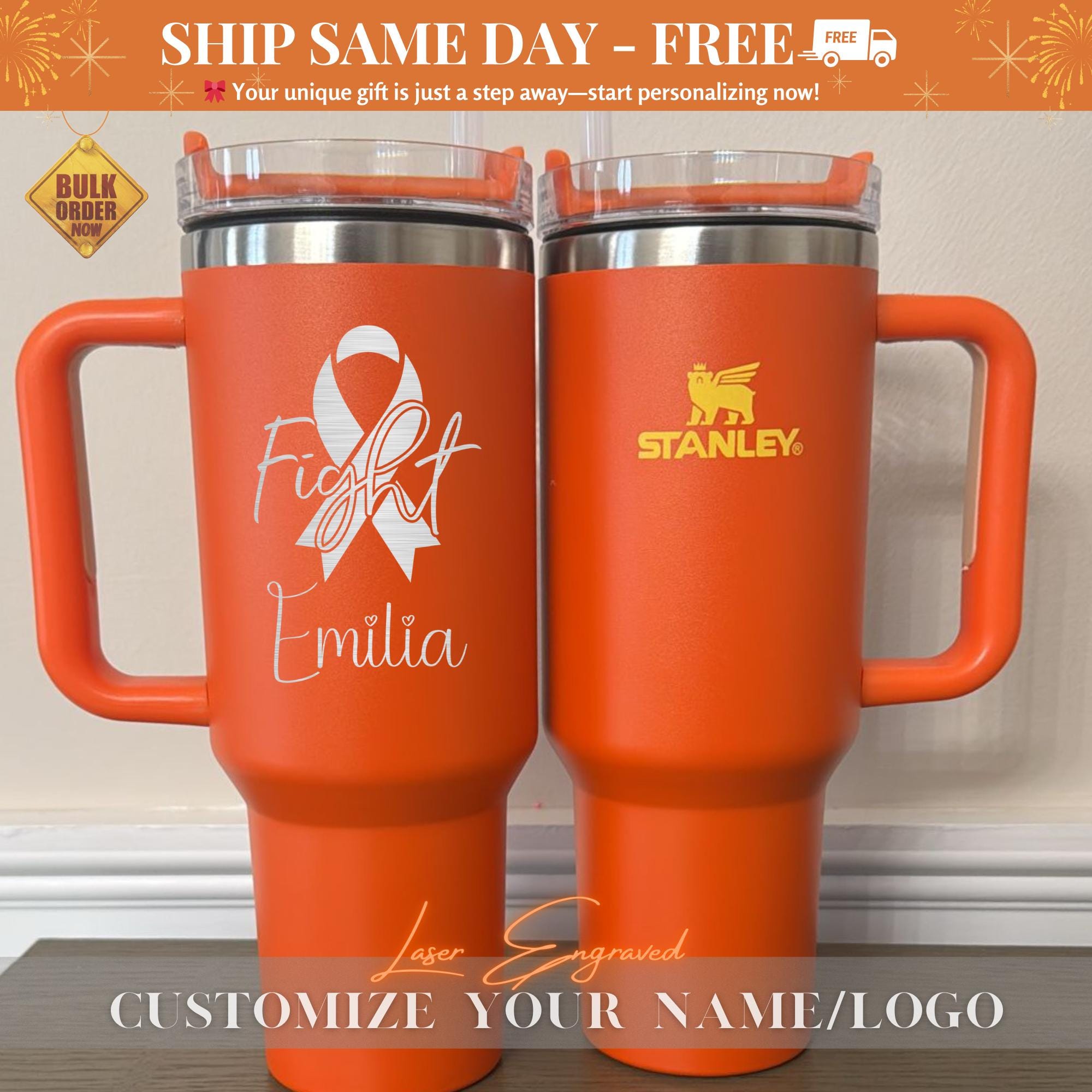 Fight Breast Cancer Day Personalized Engraved Stanley 40oz Cup - Custom Pink Ribbon Tumbler, Support Awareness Gift, Cancer Awareness Gift