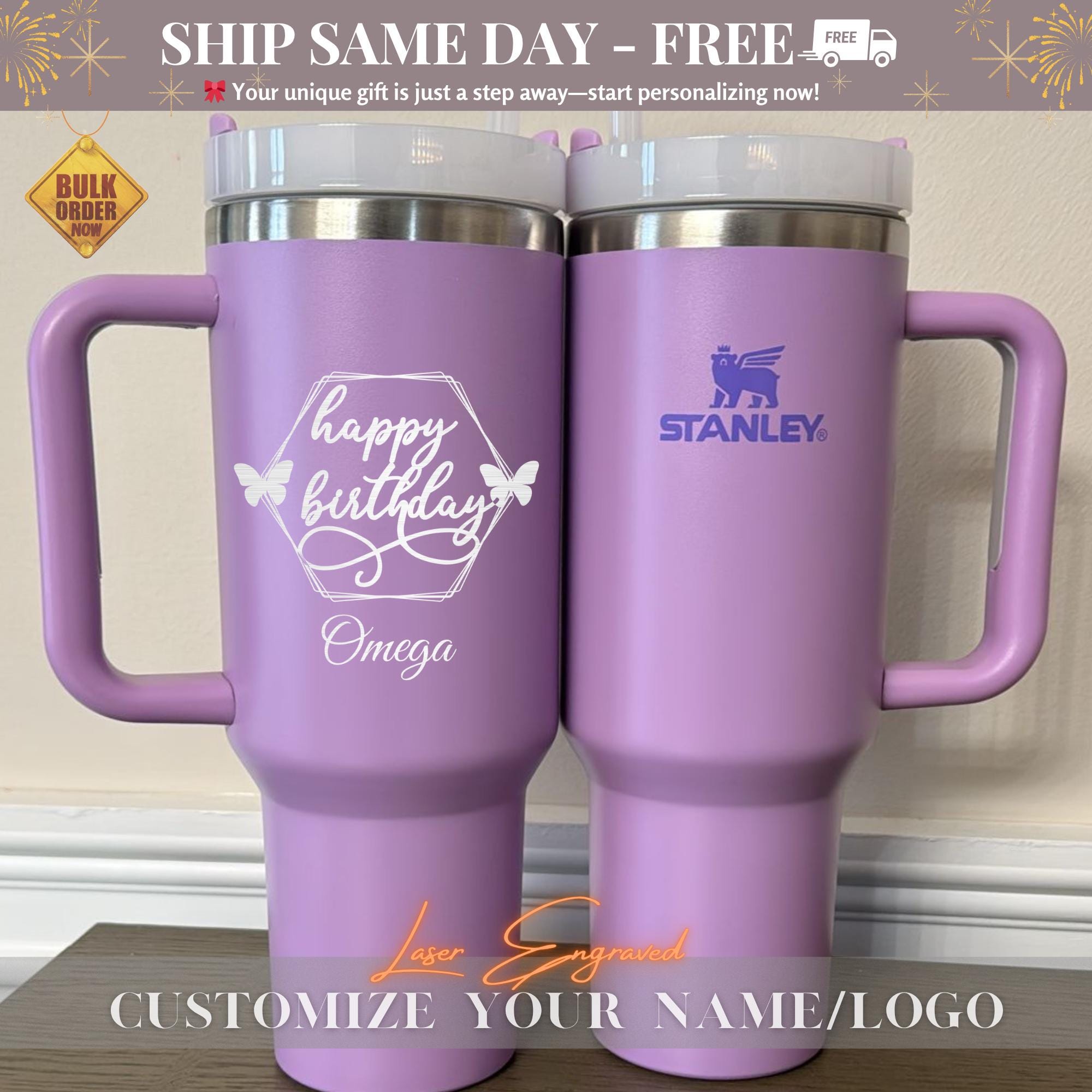 Happy Birthday Personalized Stanley 40oz Tumbler, Custom Engraved Tumblers, Bridesmaid Proposal Gift, Gifts for Her, Insulated Travel Mug