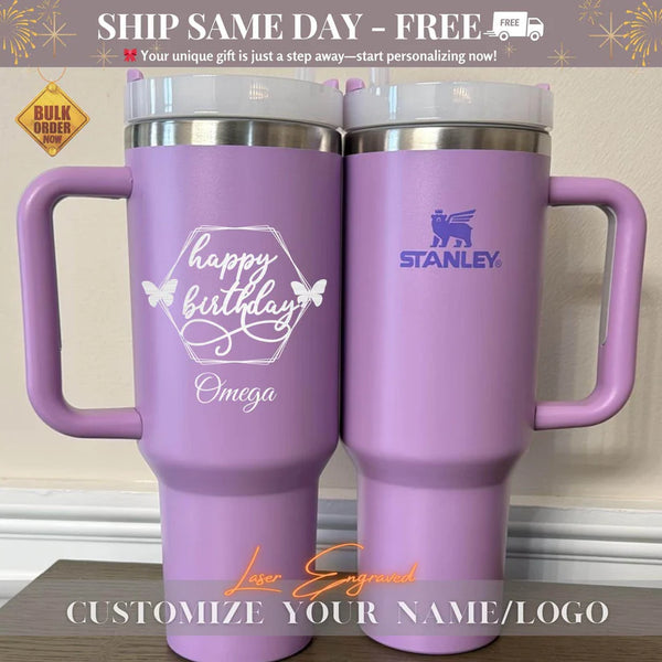 Happy Birthday Personalized Stanley 40oz Tumbler, Custom Engraved Tumblers, Bridesmaid Proposal Gift, Gifts for Her, Insulated Travel Mug