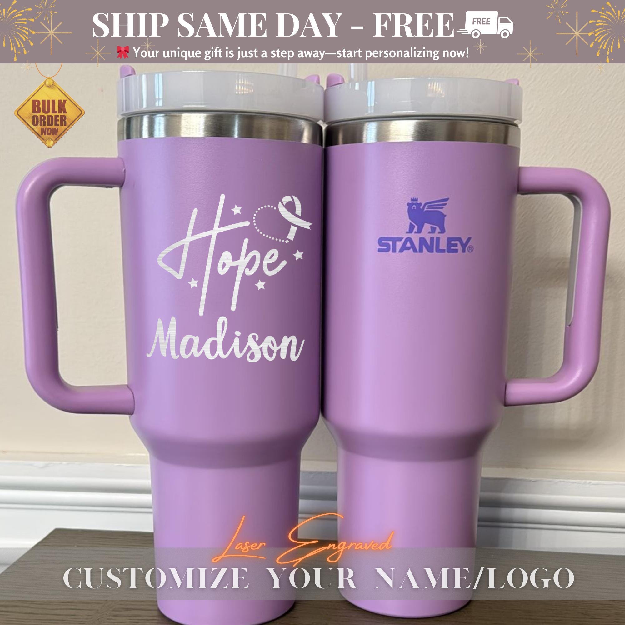 Personalized Stanley 40oz Breast Cancer Awareness Tumbler - Custom Pink Ribbon Cup, Survivor Gift, October Fundraiser, Engraved Hope Name