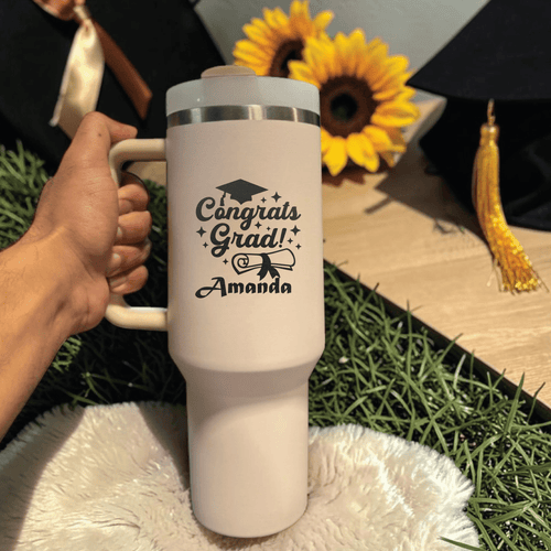 College Graduation Gift Tumbler | Laser Engraved Stanley 40oz, Personalized Custom Name Cup, University Senior Grad Mug - Us Engravo
