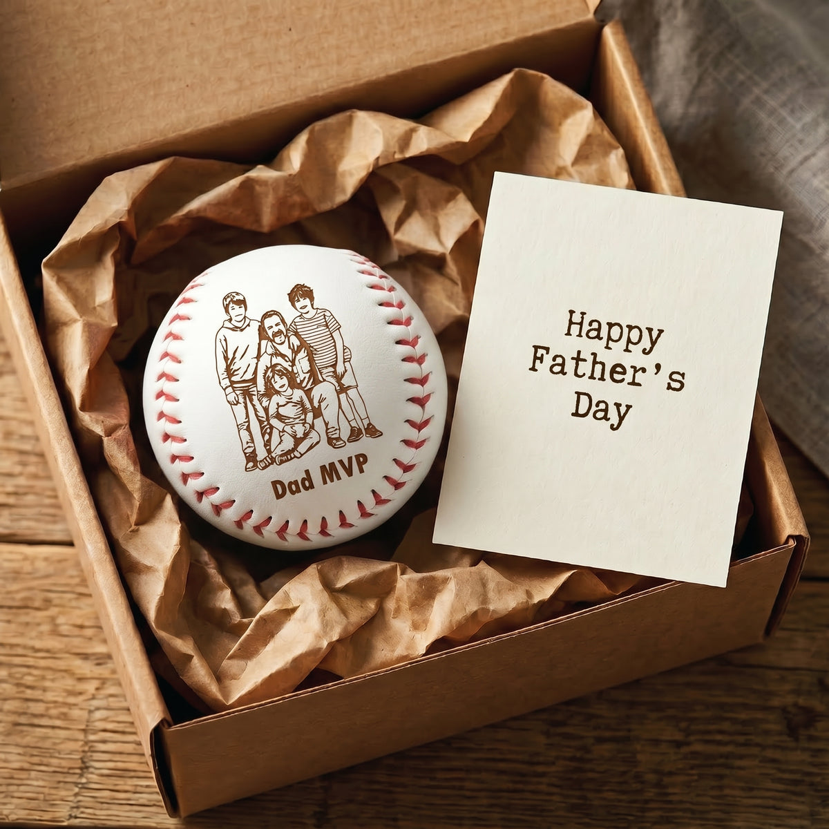 A personalized baseball-shaped keepsake or token with a family illustration and the words 'Dad MVP' sits in a brown gift box with crumpled tissue paper, next to a card that reads 'Happy Father's Day'.