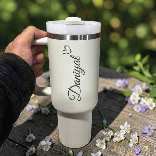 Custom Calligraphy Heart Stanley 40oz Tumbler - Personalized Name with Sketchy Heart - Us Engravo