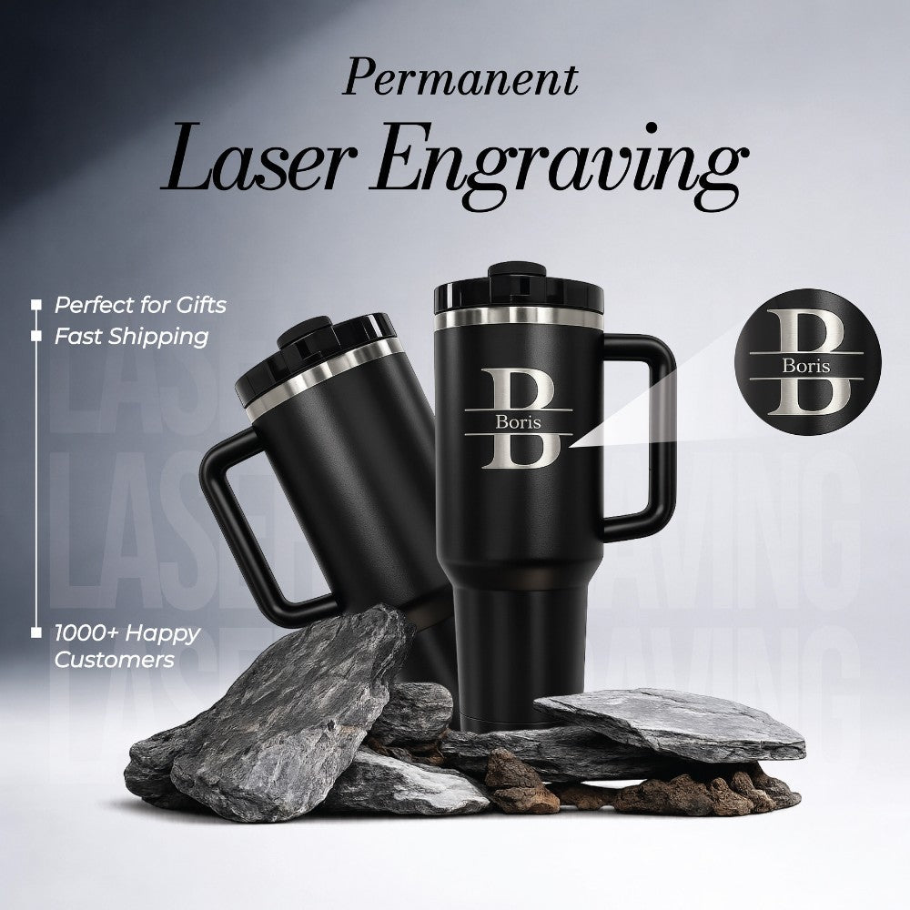 High contrast laser engraved 40oz insulated travel mug showing the title and children's names, 100% dishwasher safe.