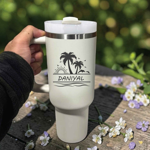 Custom Tropical Beach Stanley 40oz Tumbler | Personalized Palm Tree & Dolphin Engraving - Us Engravo