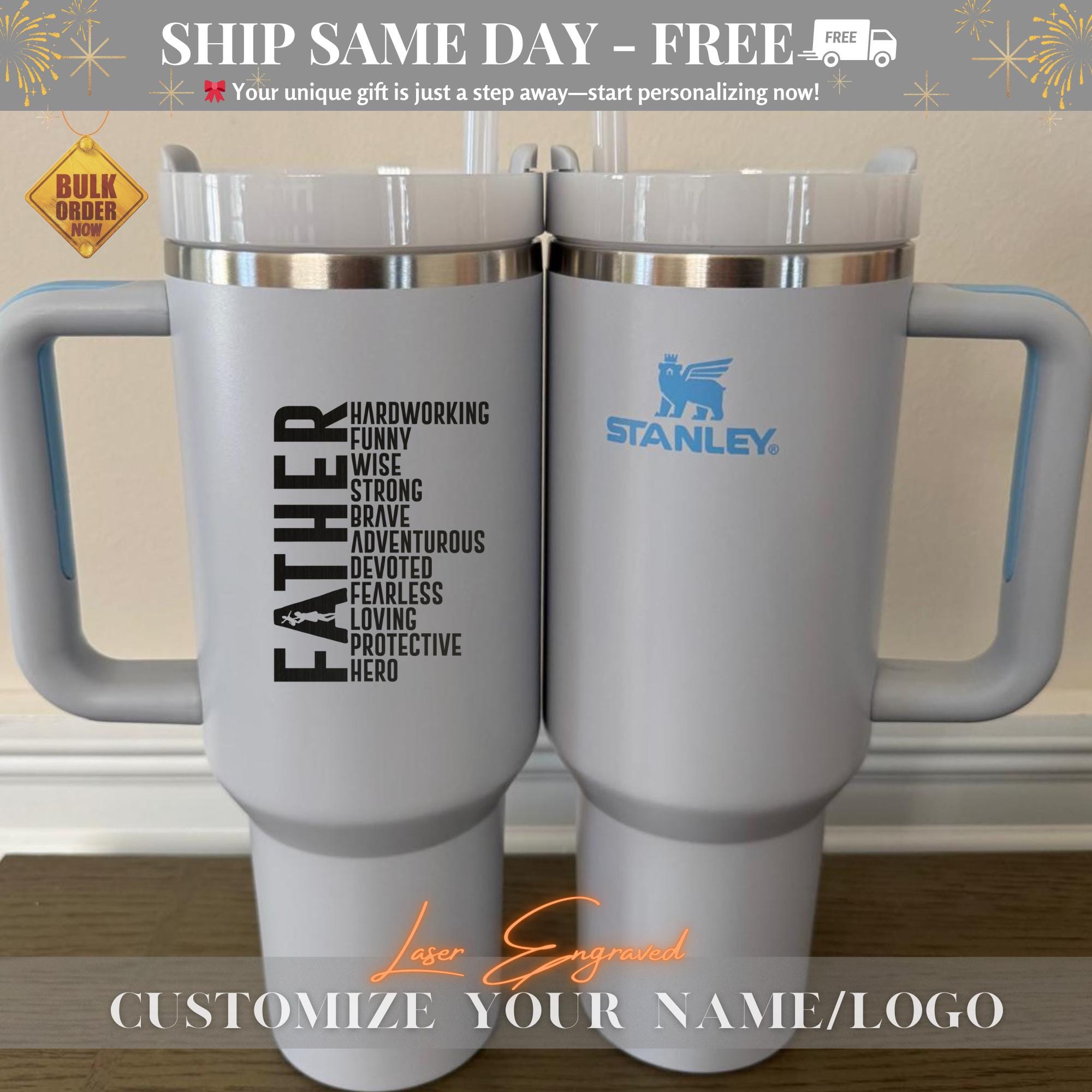 Engraved Stanley 40oz Tumbler Father's Day Gift Tumbler 400oz Stainless Steel Travel Mug Unique Gift For Dad with Kids Names
