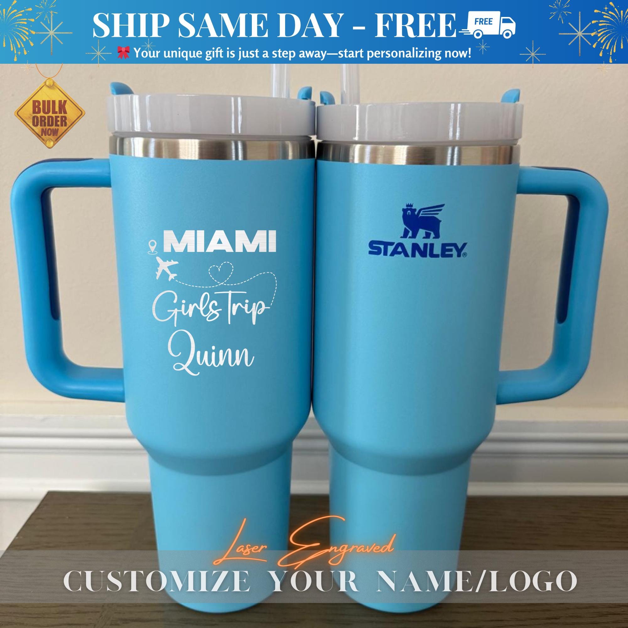 Personalized Stanley Tumbler 40oz - Laser Engraved Name - Girls Trip 2025 Gift, Bridesmaid Cup, Summer Vacation Travel Mug, Bachelorette Cup