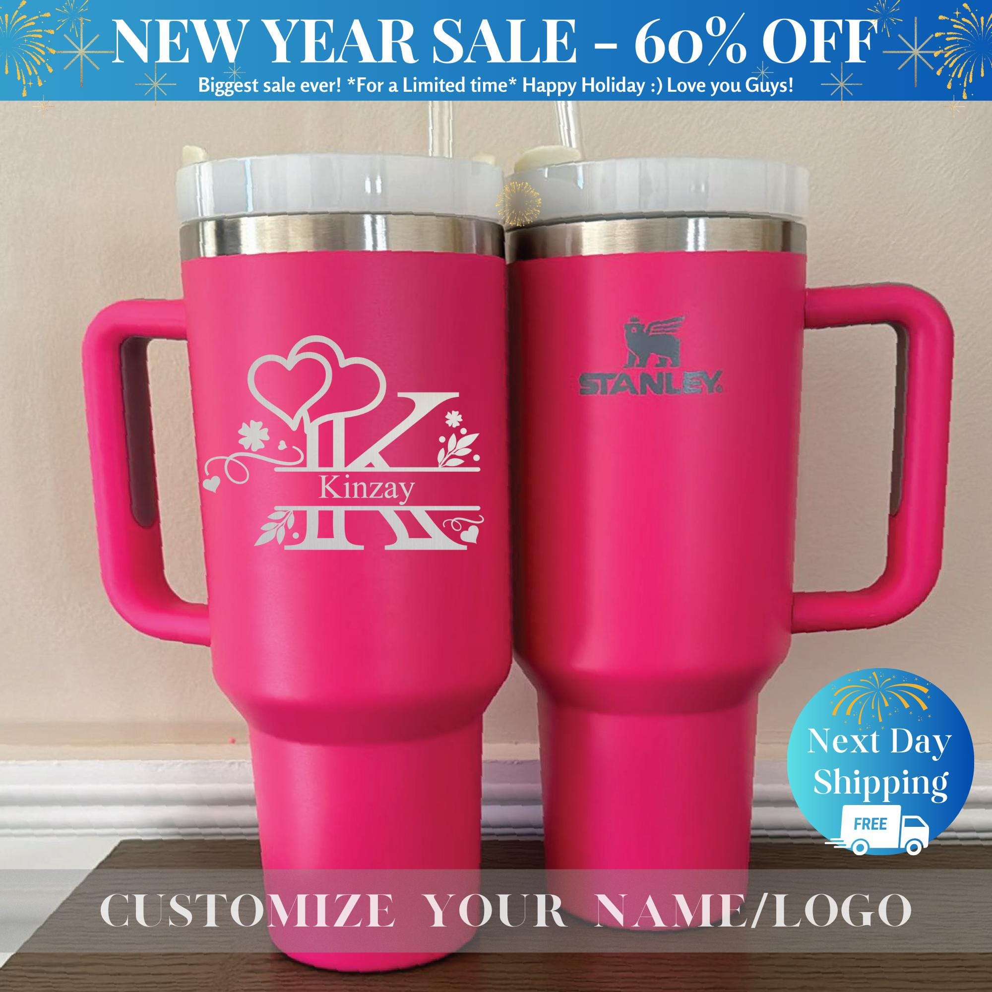 Valentine's Day Personalized Stanley Tumbler - Engraved 40oz Insulated Travel Mug, Custom Couple Gift for Him/Her, Romantic Galentine's Gift