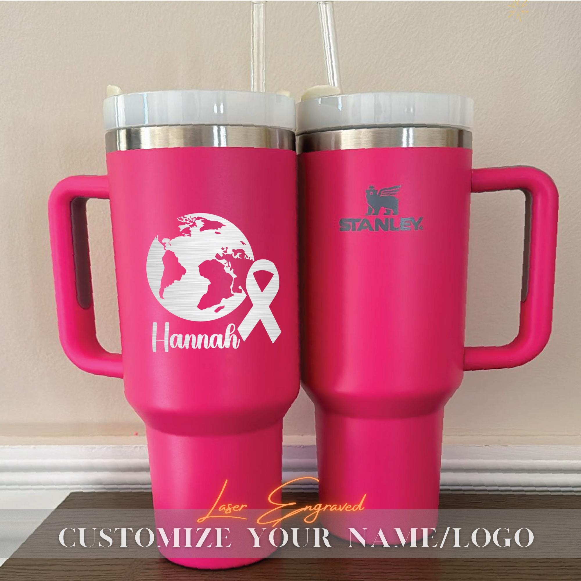 World Cancer Day Personalized 40oz Stanley Tumbler - Custom Name Cup, Motivational Gift, Cancer Awareness, Pink Ribbon Design Tumbler Gifts