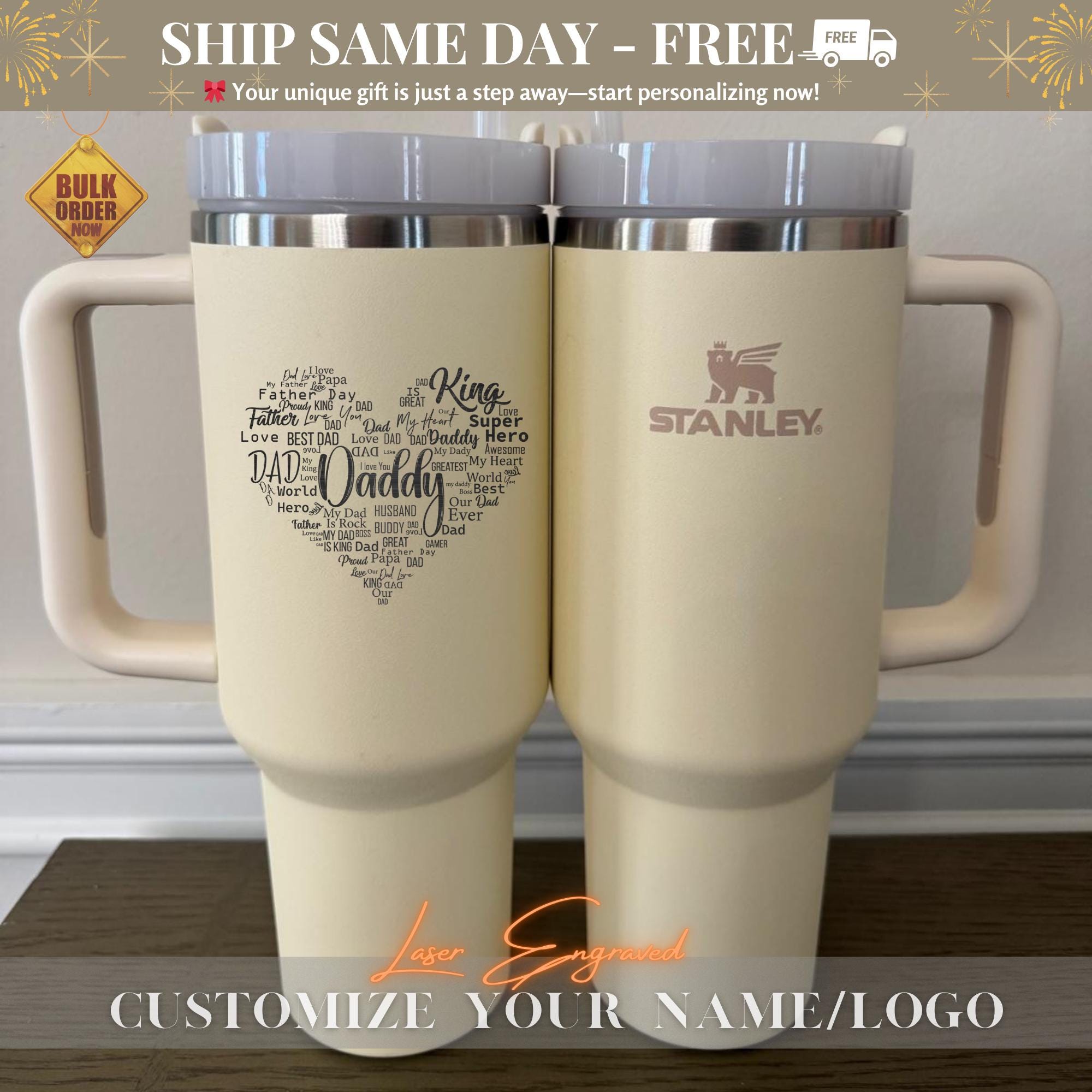Personalized Stanley Tumbler 40oz - Engraved Dad Gift for Mothers Day, Custom Daddy Cup with Name, Fathers Day Present, Insulated Travel Mug