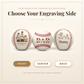 A promotional graphic showing three baseball-shaped keepsake items labeled FRONT, CENTER, and BACK, with the text 'Choose Your Engraving Side' and a note about personalized engraving. The center baseball is blank, while the left and right baseballs show example engraved family portraits and text.