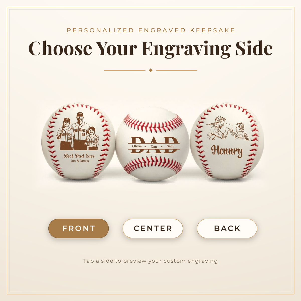 A promotional graphic showing three baseball-shaped keepsake items labeled FRONT, CENTER, and BACK, with the text 'Choose Your Engraving Side' and a note about personalized engraving. The center baseball is blank, while the left and right baseballs show example engraved family portraits and text.