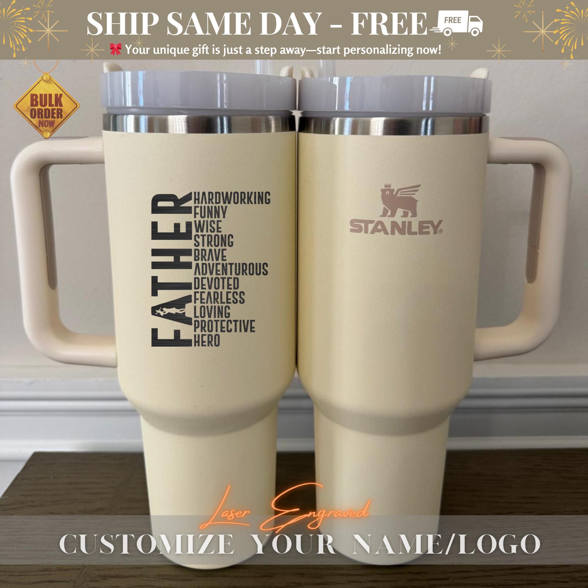 Personalized Stanley Cup 40oz Tumbler - Laser Engraved Fathers Day Gift for Dad 2025, Custom Name Engraved Stanley Quencher, Unique Dad Gift