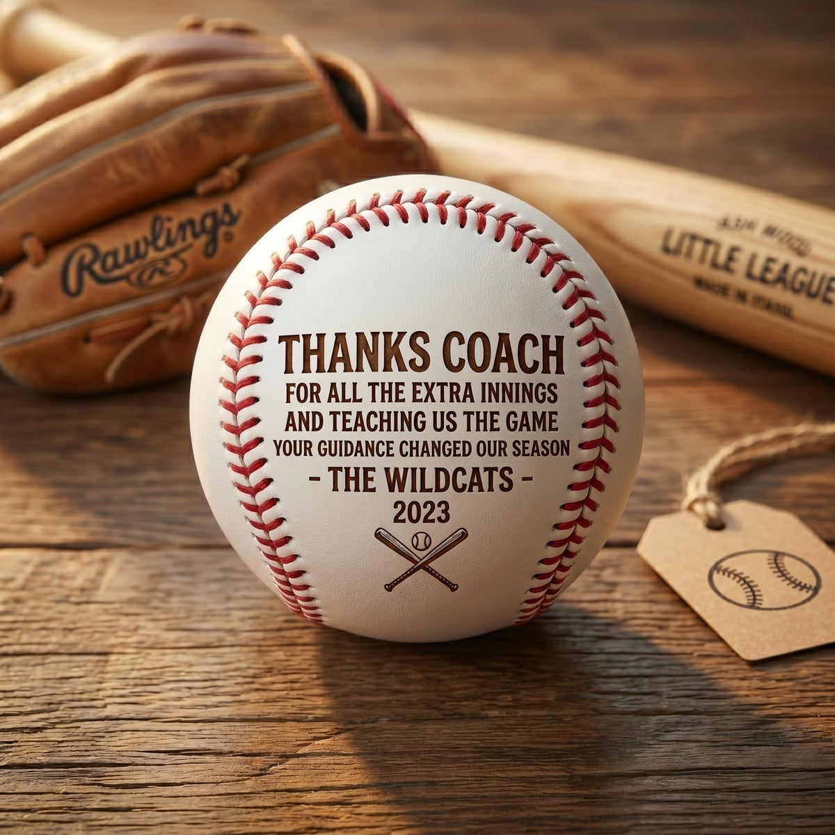 A personalized baseball with red stitching and black printed text reading 'THANKS COACH FOR ALL THE EXTRA INNINGS AND TEACHING US THE GAME YOUR GUIDANCE CHANGED OUR SEASON - THE WILDCATS - 2023' sits on a wooden table with a baseball glove, bat, and small tag in the background.