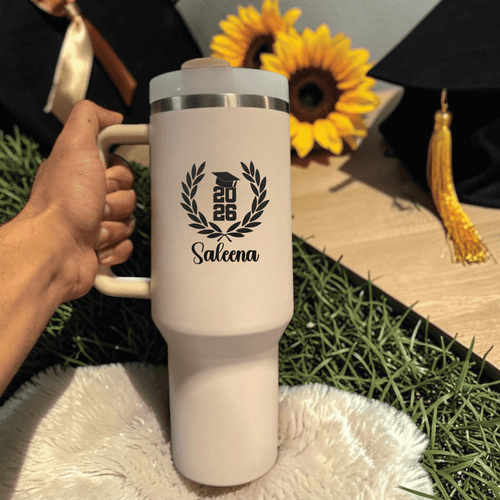 Monogram Graduation Tumbler | Laser Engraved Stanley 40oz Initials Cup, Personalized Custom Logo Senior Gift Mug for Her Him - Us Engravo