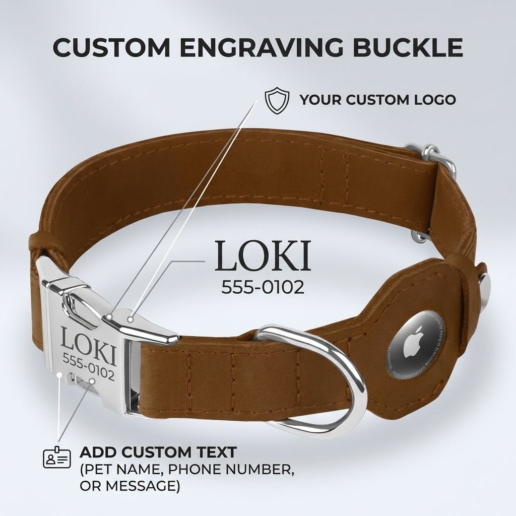 Personalized AirTag Dog Collar Soft Leather Adjustable GPS Tracking Custom Engraved - Us Engravo