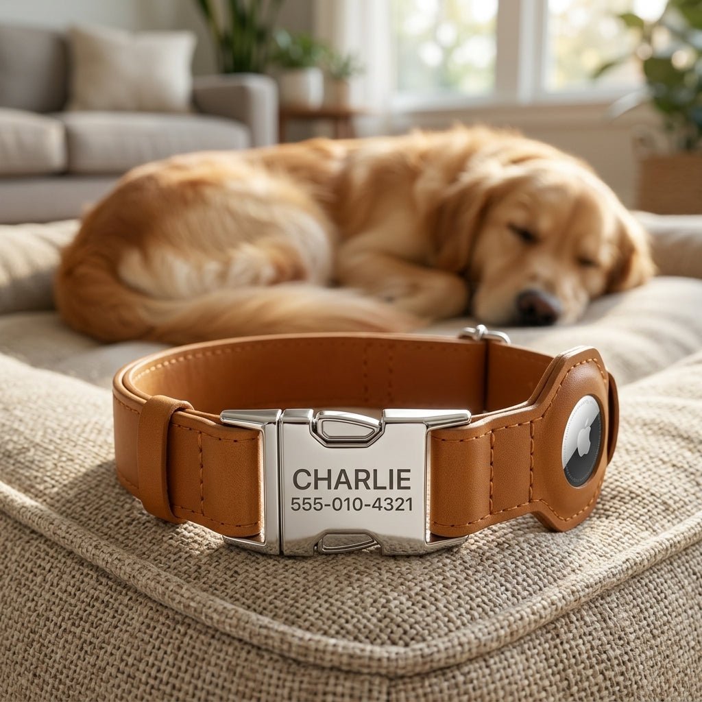 Personalized AirTag Dog Collar Soft Leather Adjustable GPS Tracking Custom Engraved - Us Engravo