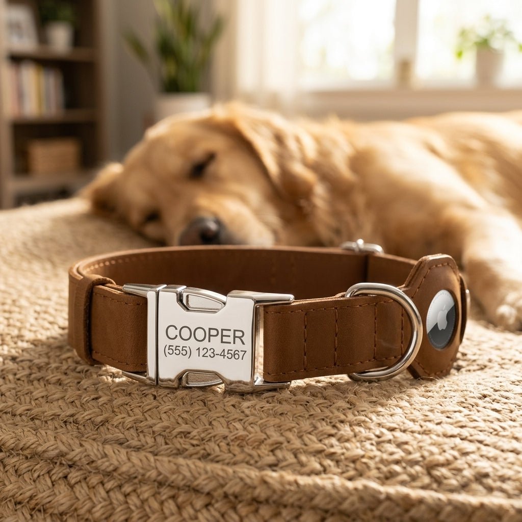 Personalized AirTag Dog Collar Soft Leather Adjustable GPS Tracking Custom Engraved - Us Engravo