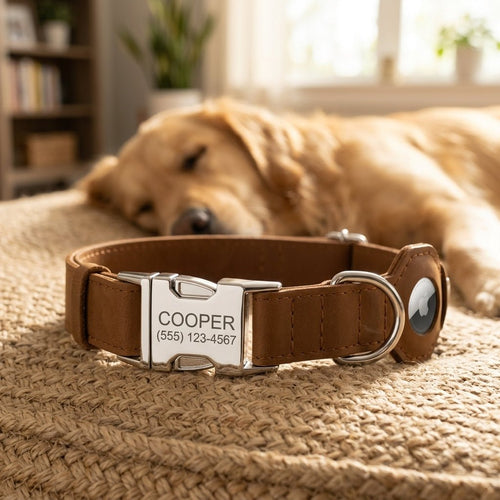 Personalized AirTag Dog Collar Soft Leather Adjustable GPS Tracking Custom Engraved - Us Engravo