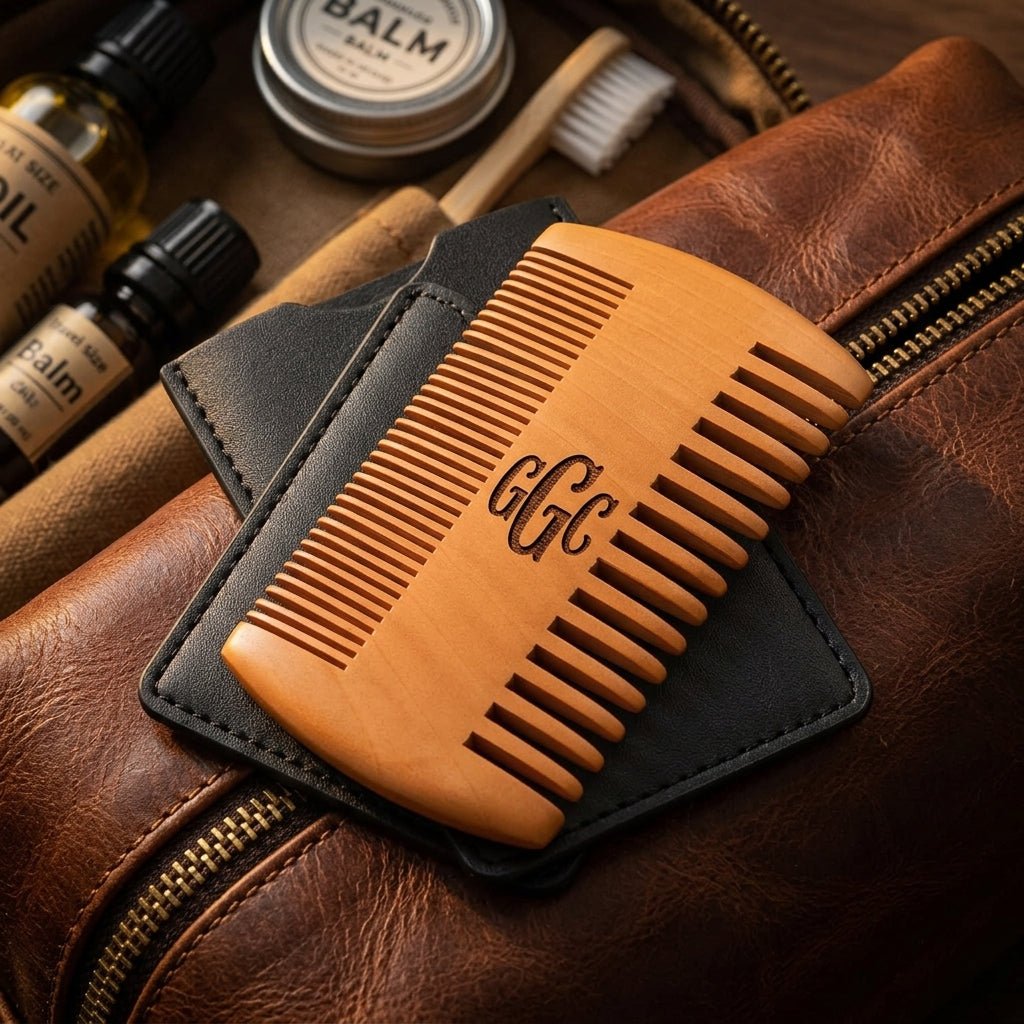 Personalized Beard Comb Peach Wood with Leather Case Gift for Him Custom Engraved - Us Engravo