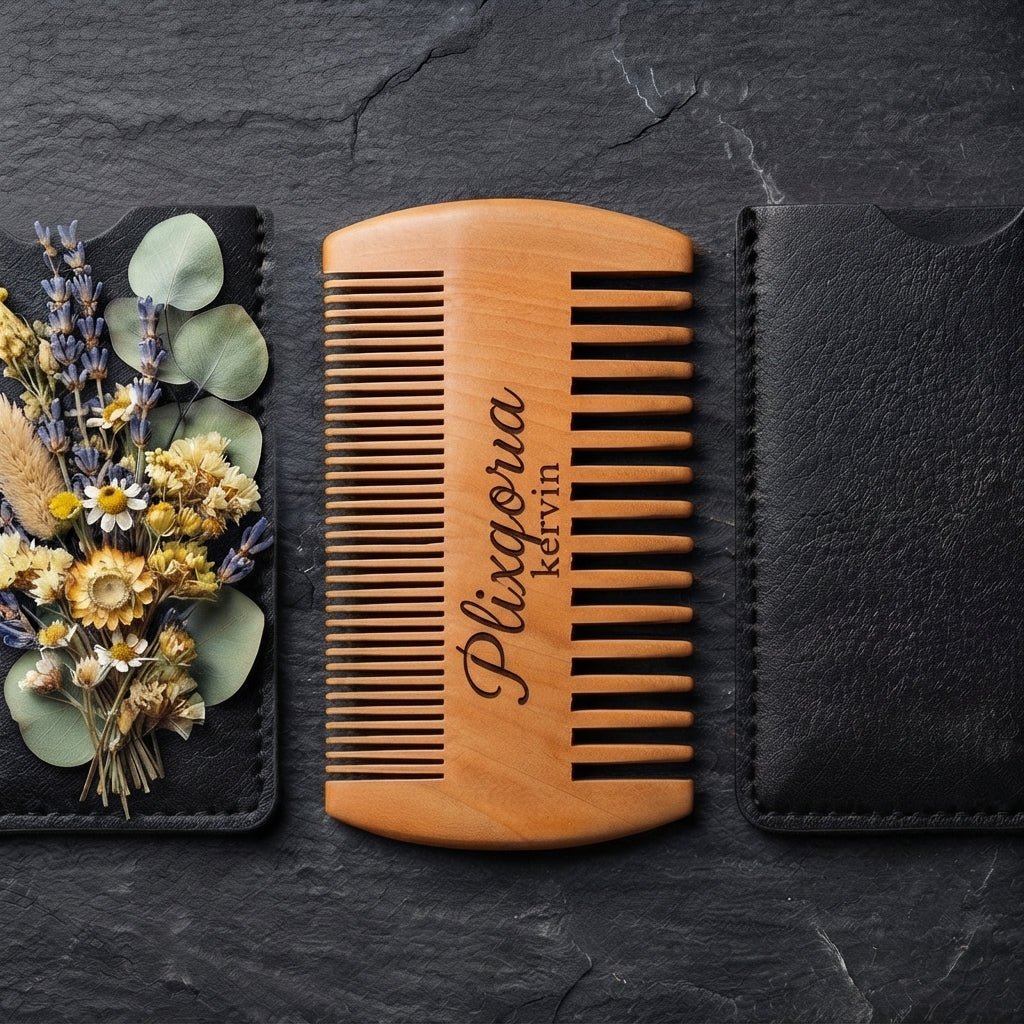 Personalized Beard Comb Peach Wood with Leather Case Gift for Him Custom Engraved - Us Engravo